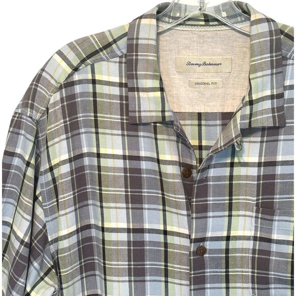 Tommy Bahama Plaid Silk Shirt Mens Large Light Green Blue Classic Preppy Camp - Picture 2 of 6